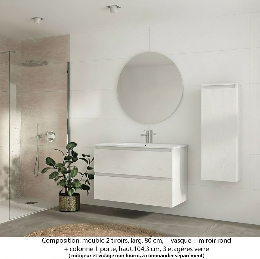 Ensemble meuble de salle de bain Oxford 100 cm blanc brillant, plan vasque marbre reconstitué, 2 tiroirs , miroir rond , colonne P. 17 cm x H. 104 cm