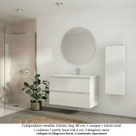 Ensemble meuble de salle de bain Oxford 100 cm blanc brillant, plan vasque marbre reconstitué, 2 tiroirs , miroir rond , colonne P. 17 cm x H. 104 cm