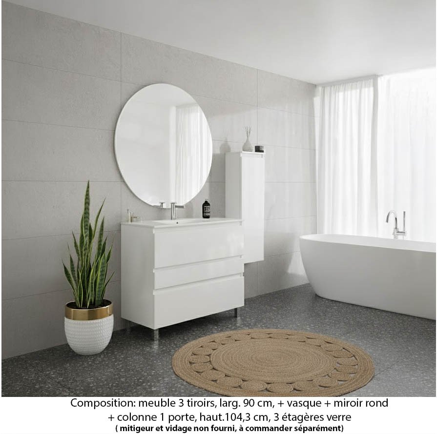 Ensemble meuble de salle de bain Oxford 90 cm blanc brillant, plan vasque marbre reconstitué, 3 tiroirs , miroir rond , colonne P.17 cm x H. 104 cm