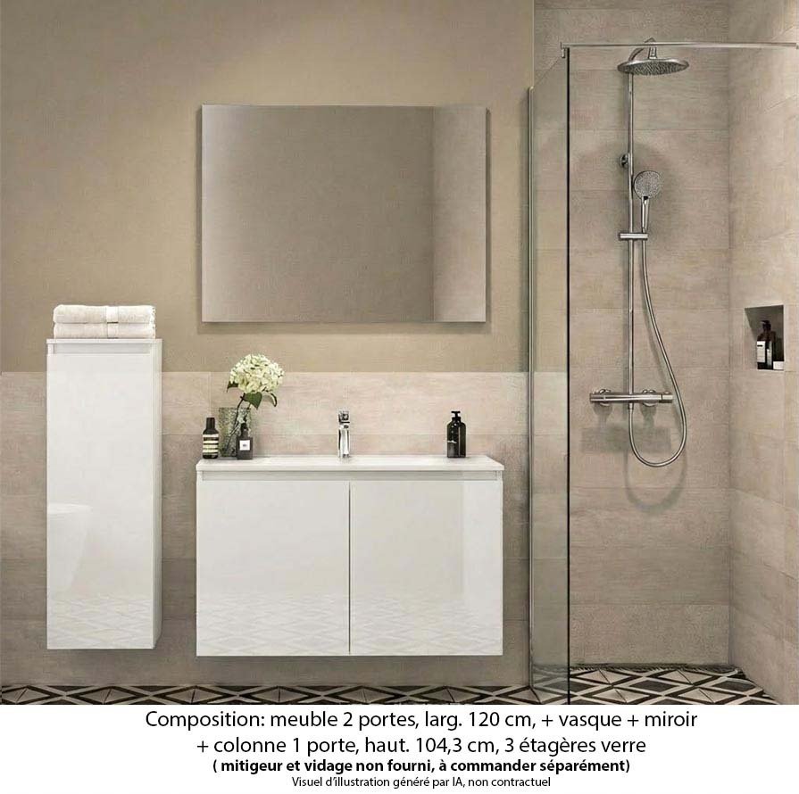 Ensemble meuble de salle de bain Oxford 60 cm blanc brillant, plan vasque marbre reconstitué, 2 portes , miroir simple , colonne P. 17 cm x H. 104 cm