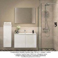 Ensemble meuble de salle de bain Oxford 100 cm blanc brillant, plan vasque marbre reconstitué, 2 portes , miroir simple , colonne P. 35 cm x H. 104 cm
