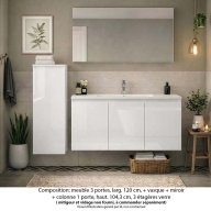 Ensemble meuble de salle de bain Oxford 120 cm blanc brillant, plan vasque céramique, 3 portes , miroir simple , colonne P. 35 cm x H. 104 cm