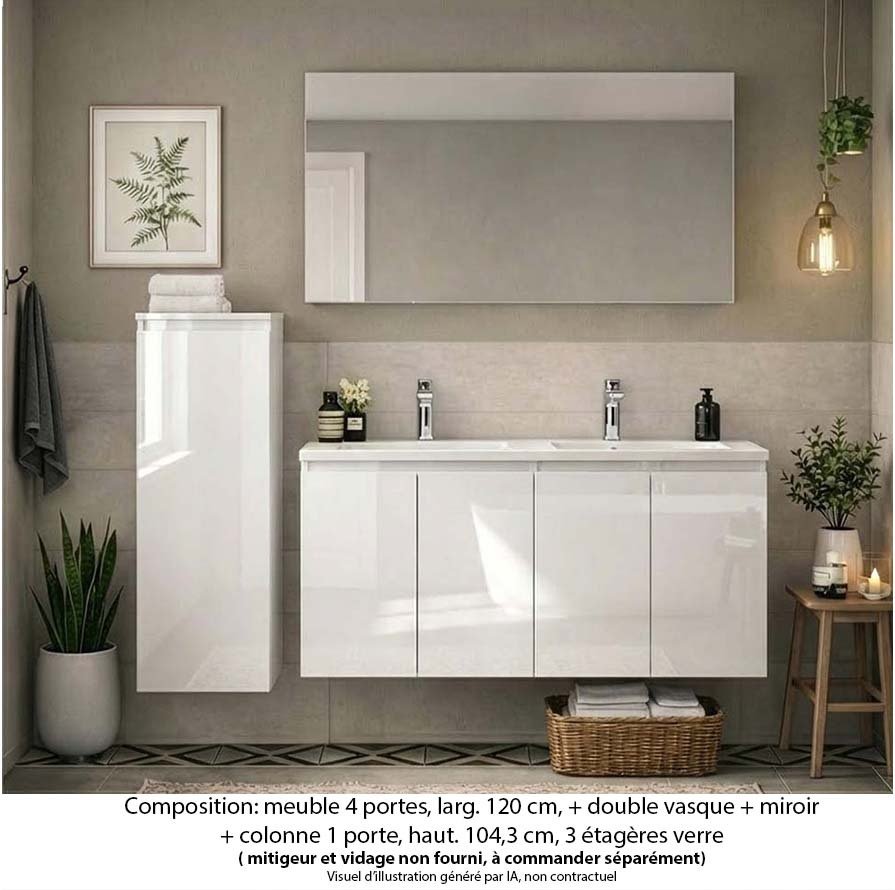 Ensemble meuble de salle de bain Oxford 120 cm blanc brillant, plan vasque marbre reconstitué, 4 portes , miroir simple , colonne P. 17 cm x H. 104 cm