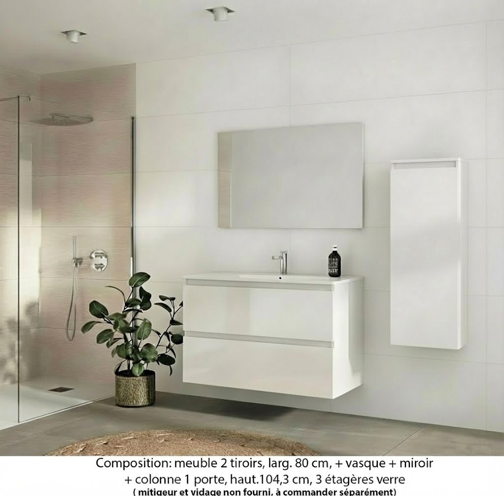 Ensemble meuble de salle de bain Oxford 100 cm blanc brillant, plan vasque marbre reconstitué, 2 tiroirs , miroir simple , colonne P. 17 cm x H. 104 cm