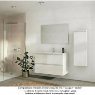 Ensemble meuble de salle de bain Oxford 100 cm blanc brillant, plan vasque marbre reconstitué, 2 tiroirs , miroir simple , colonne P. 17 cm x H. 104 cm