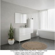 Ensemble meuble de salle de bain Oxford 90 cm blanc brillant, plan vasque marbre reconstitué, 3 tiroirs , miroir simple , colonne P.17 cm x H. 104 cm