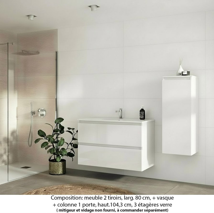 Ensemble meuble de salle de bain Oxford 80 cm blanc brillant, plan vasque céramique,  2 tiroirs + colonne P. 35 cm x H. 104 cm