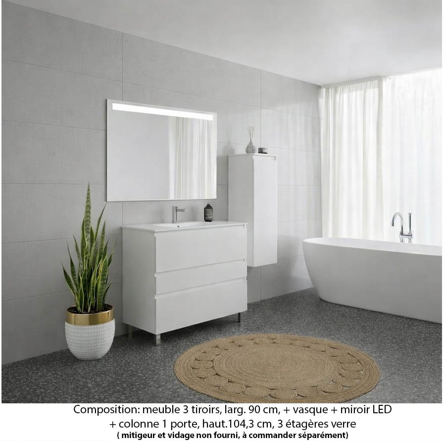 Ensemble meuble de salle de bain Oxford 90 cm blanc brillant, plan vasque marbre reconstitué,  3 tiroirs +colonne P. 35 cm x H. 104 cm , miroir LED