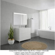 Ensemble meuble de salle de bain Oxford 90 cm blanc brillant, plan vasque marbre reconstitué, 3 tiroirs + colonne P. 35 cm x H. 104 cm , miroir LED