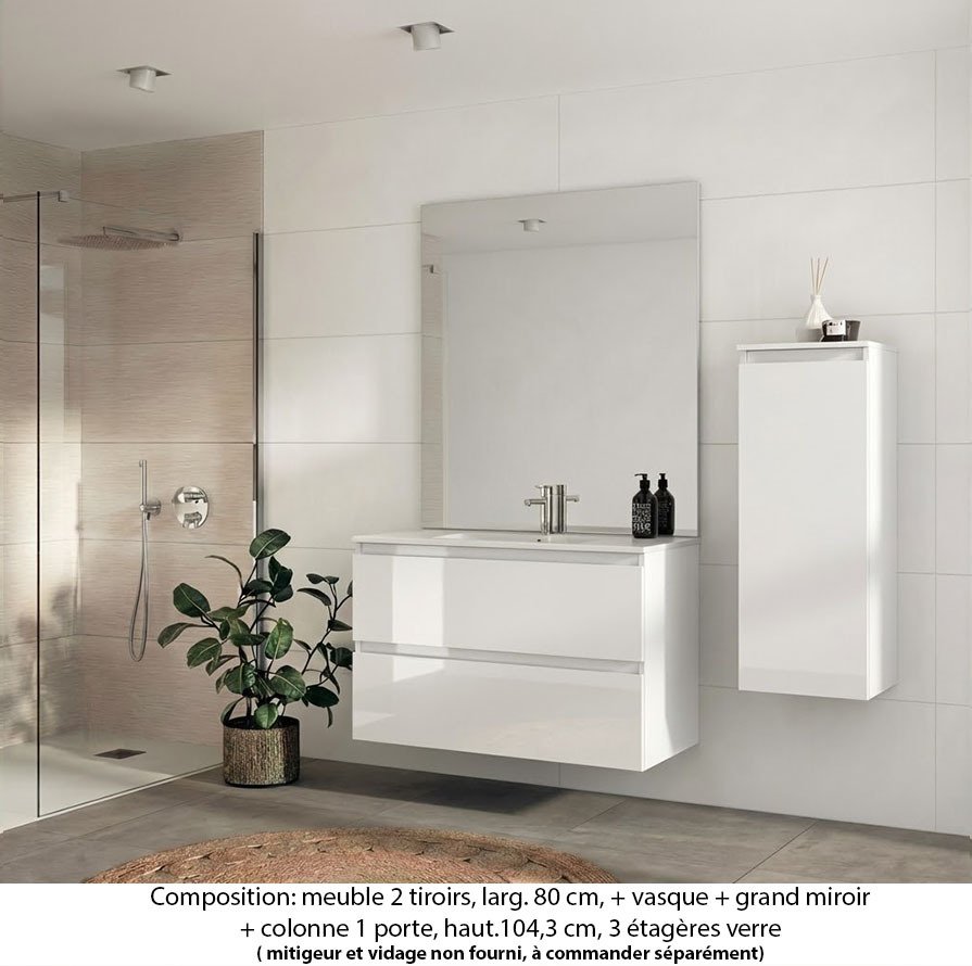 Ensemble meuble de salle de bain Oxford 80 cm blanc brillant, plan vasque céramique, 2 tiroirs , miroir plan , colonne P. 35 cm x H. 104 cm