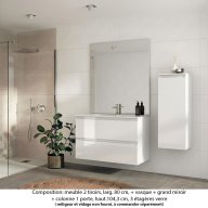 Ensemble meuble de salle de bain Oxford 100 cm blanc brillant, plan vasque marbre reconstitué, 2 tiroirs , miroir plan , colonne P. 35 cm x H. 104 cm