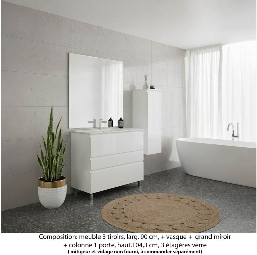 Ensemble meuble de salle de bain Oxford 90 cm blanc brillant, plan vasque marbre reconstitué, 3 tiroirs , miroir plan , colonne P. 35 cm x H. 104 cm