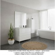 Ensemble meuble de salle de bain Oxford 90 cm blanc brillant, plan vasque marbre reconstitué, 3 tiroirs , miroir plan , colonne P. 35 cm x H. 104 cm