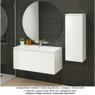 Ensemble meuble de salle de bain Oxford 80 cm blanc brillant, plan vasque marbre reconstitué, 1 tiroir , miroir rond , colonne P. 35 cm x H. 104 cm