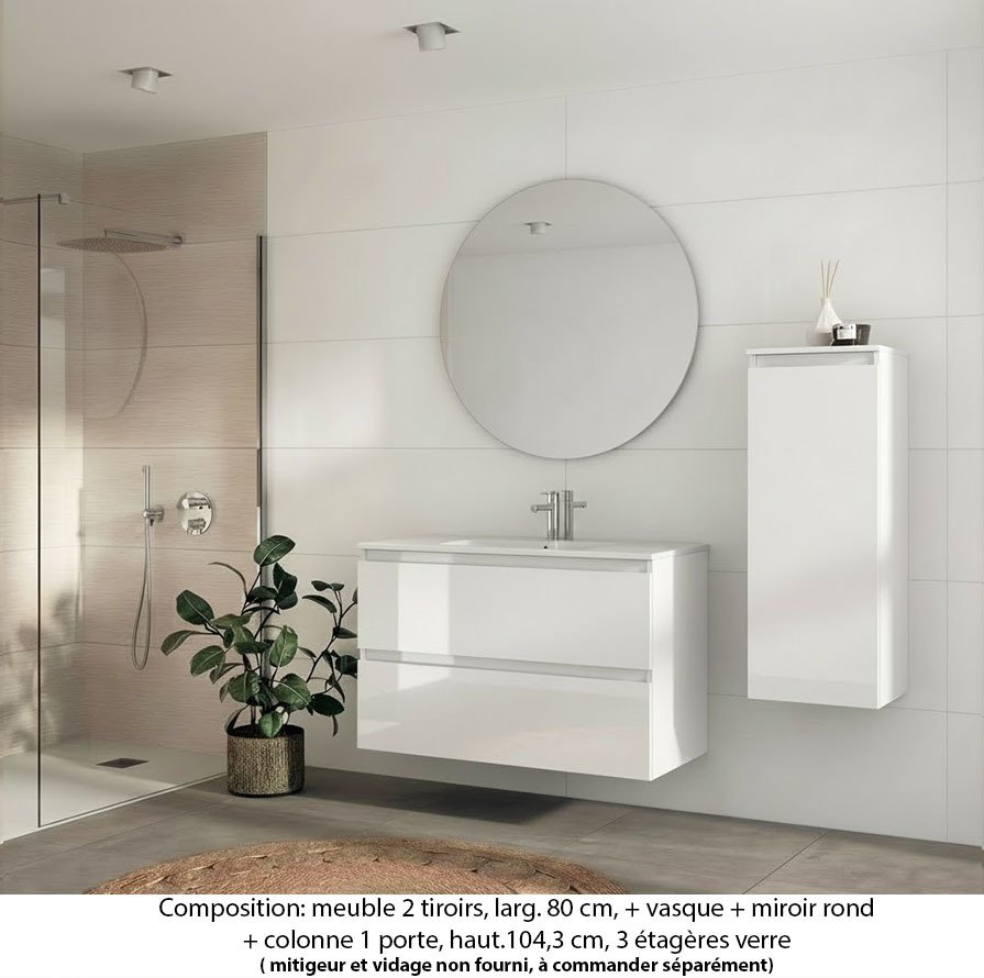 Ensemble meuble de salle de bain Oxford 80 cm blanc brillant, plan vasque marbre reconstitué, 2 tiroirs , miroir rond , colonne P. 35 cm x H. 104 cm