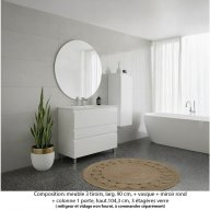 Ensemble meuble de salle de bain Oxford 90 cm blanc brillant, plan vasque marbre reconstitué, 3 tiroirs , miroir rond , colonne P. 35 cm x H. 104 cm