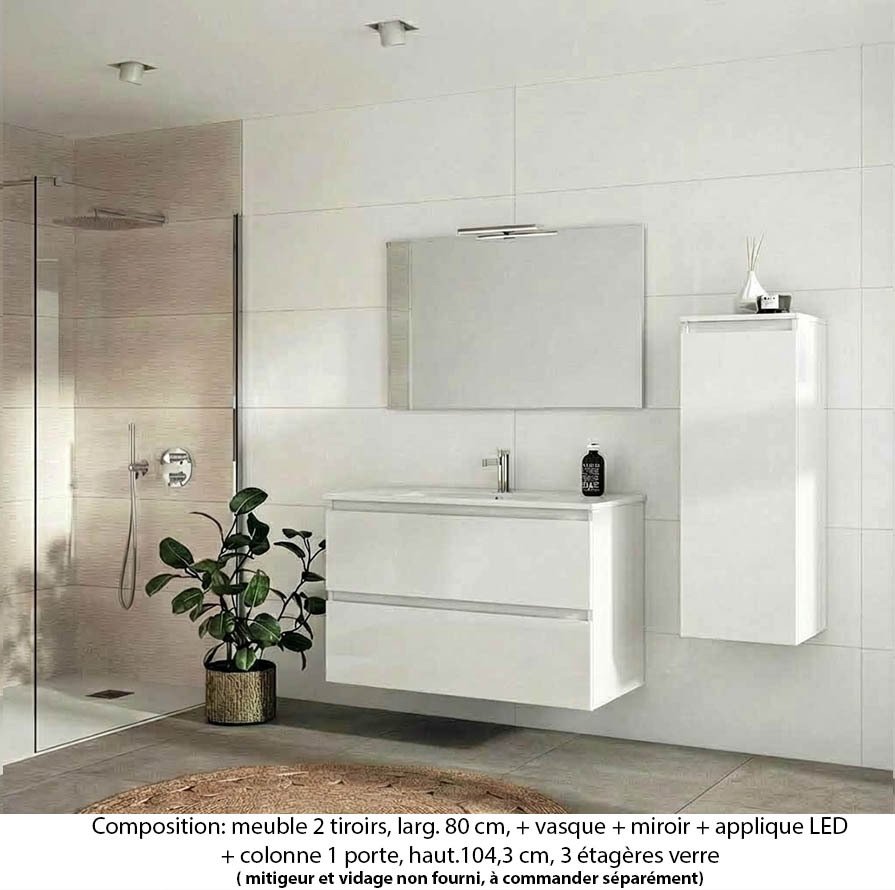 Ensemble meuble de salle de bain Oxford 80 cm blanc brillant, plan vasque céramique, 2 tiroirs , miroir simple , applique , colonne P. 35 cm x H. 104 cm