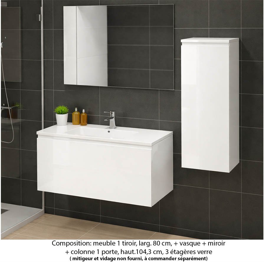 Ensemble meuble de salle de bain Oxford 60 cm blanc brillant, plan vasque marbre reconstitué, 1 tiroir , miroir simple , colonne P. 35 cm x H. 104 cm