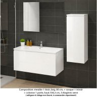 Ensemble meuble de salle de bain Oxford 80 cm blanc brillant, plan vasque marbre reconstitué, 1 tiroir , miroir simple , colonne P. 35 cm x H. 104 cm