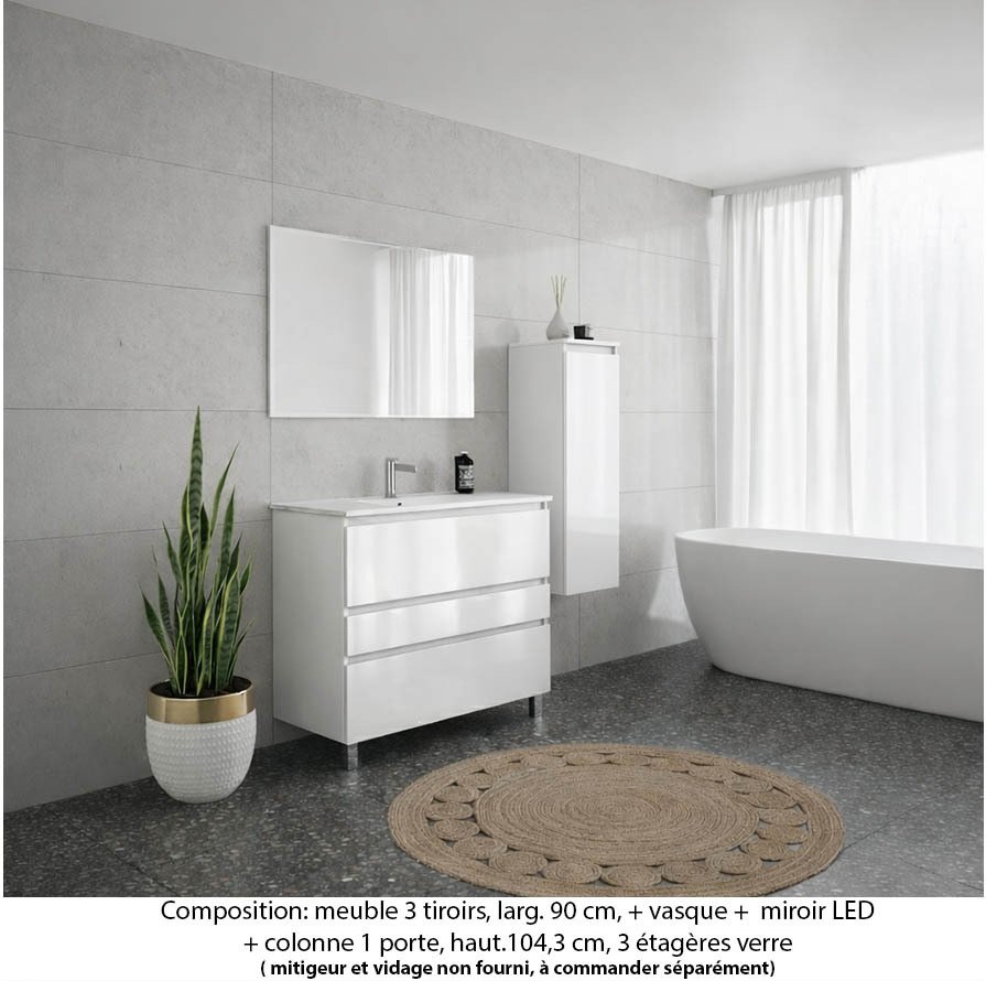 Ensemble meuble de salle de bain Oxford 90 cm blanc brillant, plan vasque marbre reconstitué, 3 tiroirs , miroir simple , colonne P. 35 cm x H. 104 cm