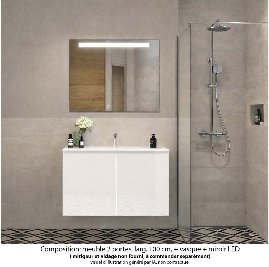 Ensemble meuble de salle de bain Oxford 60 cm blanc brillant, plan vasque marbre reconstitué,  2 portes , miroir LED