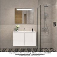 Ensemble meuble de salle de bain Oxford 100 cm blanc brillant, plan vasque marbre reconstitué, 2 portes , miroir LED