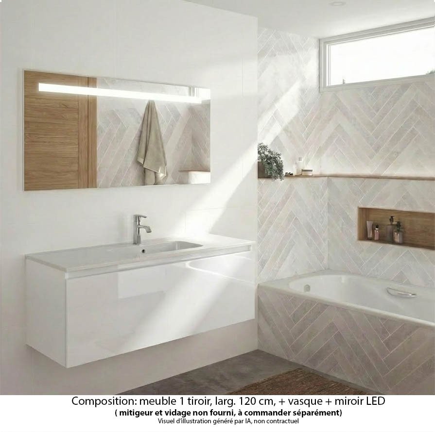 Ensemble meuble de salle de bain Oxford 120 cm blanc brillant, plan vasque marbre reconstitué,  1 tiroir , miroir LED
