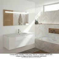 Ensemble meuble de salle de bain Oxford 120 cm blanc brillant, plan vasque marbre reconstitué, 1 tiroir , miroir LED