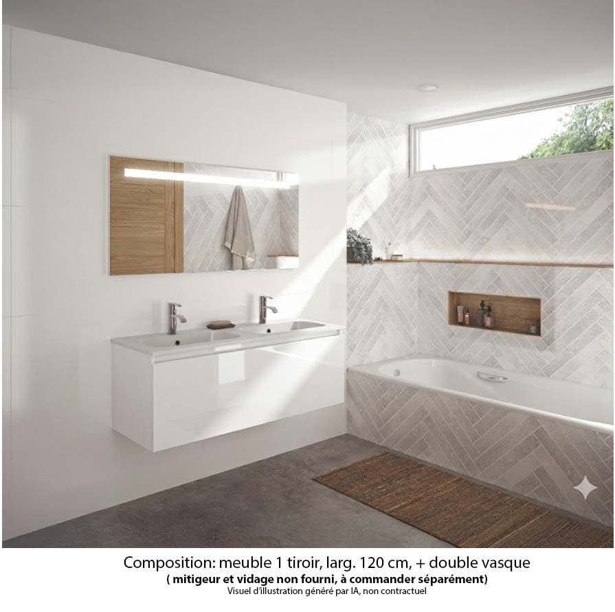 Ensemble meuble de salle de bain Oxford 120 cm blanc brillant, plan double vasque marbre reconstitué,  1 tiroir , miroir LED