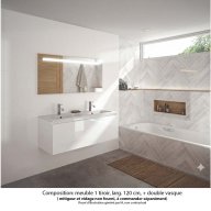 Ensemble meuble de salle de bain Oxford 120 cm blanc brillant, plan double vasque marbre reconstitué, 1 tiroir , miroir LED