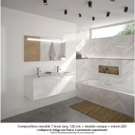 Ensemble meuble de salle de bain Oxford 120 cm blanc brillant, plan double vasque marbre reconstitué, 2 tiroirs , miroir LED