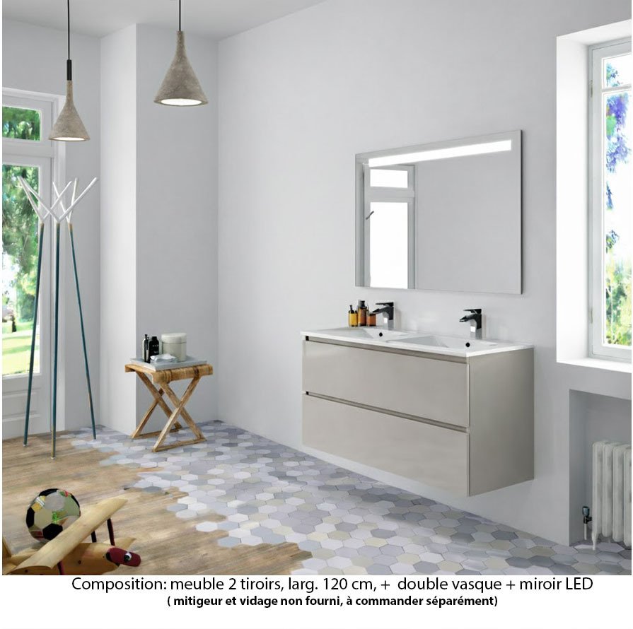 Ensemble meuble de salle de bain Oxford 120 cm blanc brillant, plan double vasque marbre reconstitué,  2 tiroirs , miroir LED