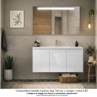 Ensemble meuble de salle de bain Oxford 120 cm blanc brillant, plan vasque céramique, 3 portes , miroir LED