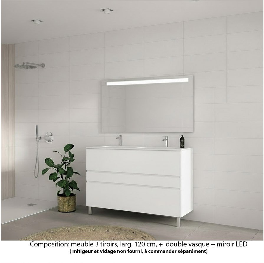 Ensemble meuble de salle de bain Oxford 120 cm blanc brillant, plan double vasque marbre reconstitué,  3 tiroirs , miroir LED