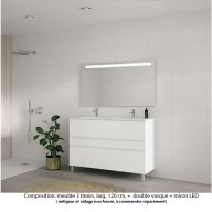Ensemble meuble de salle de bain Oxford 120 cm blanc brillant, plan double vasque marbre reconstitué, 3 tiroirs , miroir LED