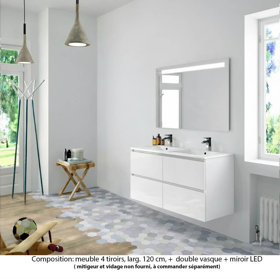 Ensemble meuble de salle de bain Oxford 140 cm blanc brillant, plan double double vasque céramique,  4 tiroirs , miroir LED