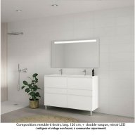 Ensemble meuble de salle de bain Oxford 120 cm blanc brillant, plan double vasque marbre reconstitué, 6 tiroirs , miroir LED