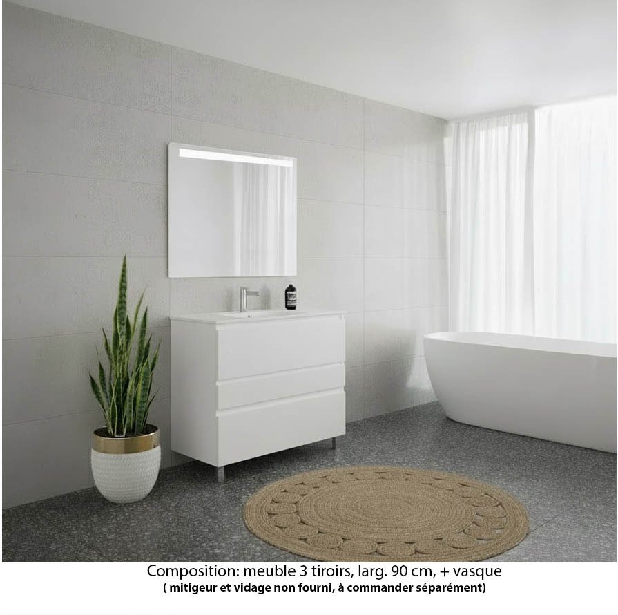 Ensemble meuble de salle de bain Oxford 80 cm blanc brillant, plan vasque marbre reconstitué,  3 tiroirs , miroir LED