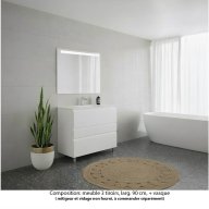 Ensemble meuble de salle de bain Oxford 90 cm blanc brillant, plan vasque marbre reconstitué, 3 tiroirs , miroir LED