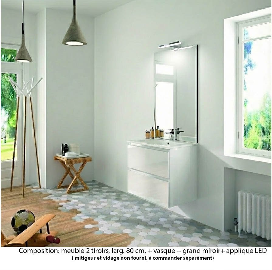 Ensemble meuble de salle de bain Oxford 80 cm blanc brillant, plan vasque marbre reconstitué,  2 tiroirs , miroir haut. 110 cm avec applique
