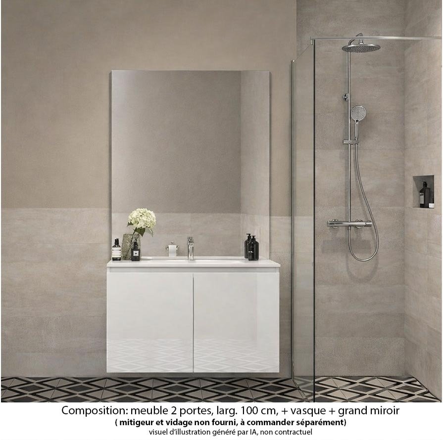 Ensemble meuble de salle de bain Oxford 60 cm blanc brillant, plan vasque marbre reconstitué,  2 portes , miroir haut. 110 cm