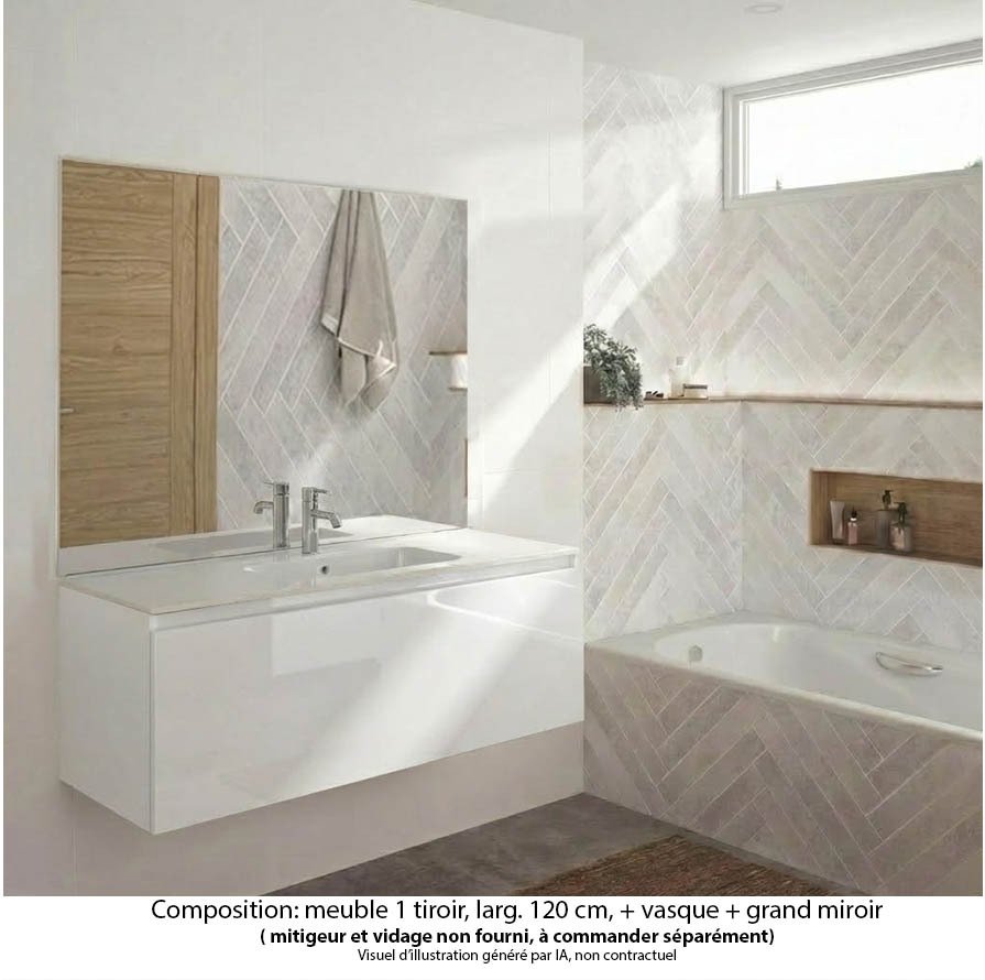 Ensemble meuble de salle de bain Oxford 120 cm blanc brillant, plan vasque marbre reconstitué,  1 tiroir , miroir haut. 110 cm