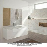 Ensemble meuble de salle de bain Oxford 120 cm blanc brillant, plan vasque marbre reconstitué, 1 tiroir , miroir haut. 110 cm