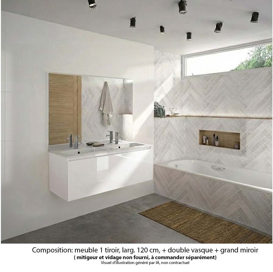 Ensemble meuble de salle de bain Oxford 120 cm blanc brillant, plan double vasque marbre reconstitué,  1 tiroir , miroir haut. 110 cm