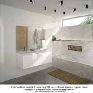 Ensemble meuble de salle de bain Oxford 120 cm blanc brillant, plan double vasque marbre reconstitué, 2 tiroirs , miroir haut. 110 cm