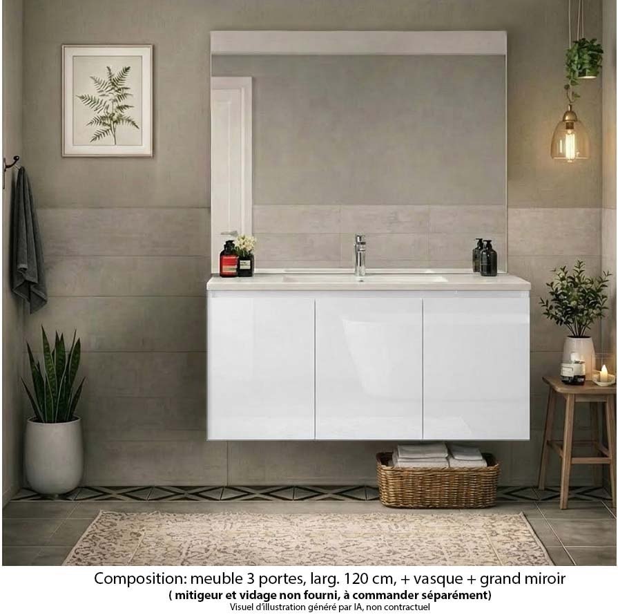 Ensemble meuble de salle de bain Oxford 120 cm blanc brillant, plan vasque céramique,  3 portes , miroir haut. 110 cm