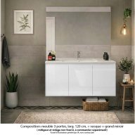 Ensemble meuble de salle de bain Oxford 120 cm blanc brillant, plan vasque céramique, 3 portes , miroir haut. 110 cm