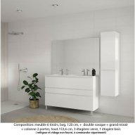 Ensemble meuble de salle de bain Oxford 120 cm blanc brillant, plan double vasque marbre reconstitué, 3 tiroirs , miroir haut. 110 cm