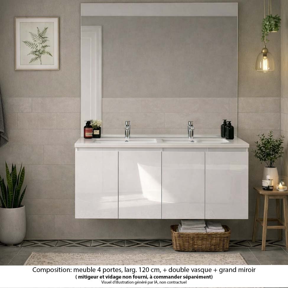 Ensemble meuble de salle de bain Oxford 120 cm blanc brillant, plan vasque marbre reconstitué,  4 portes , miroir haut. 110 cm
