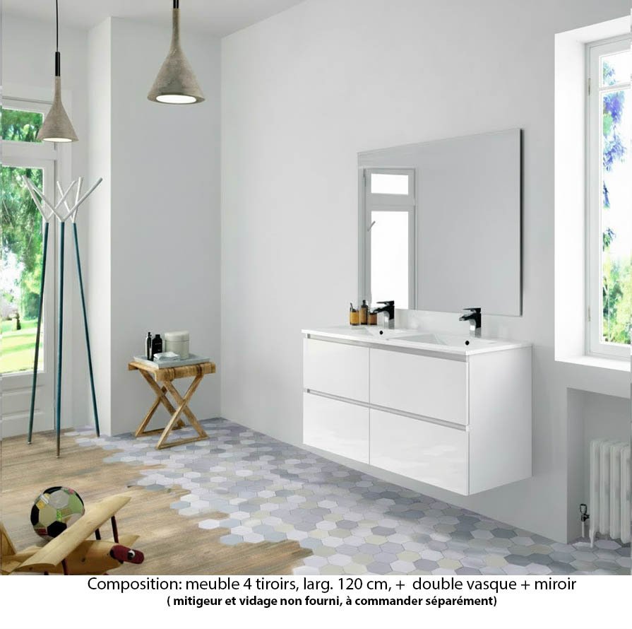 Ensemble meuble de salle de bain Oxford 140 cm blanc brillant, plan double double vasque marbre reconstitué,  4 tiroirs , miroir haut. 110 cm